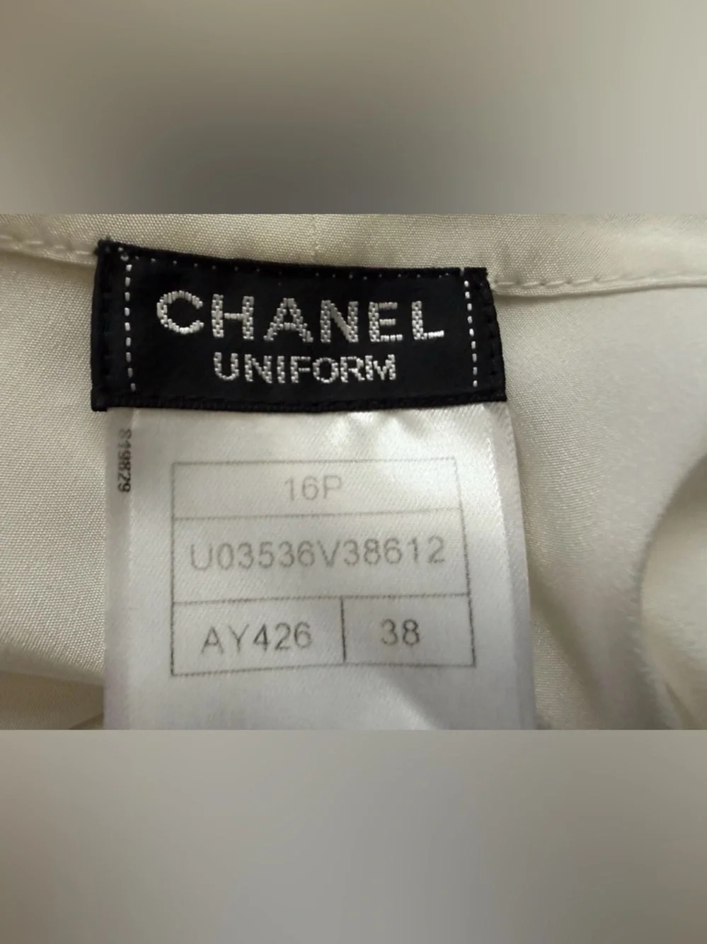 CHANEL Uniform ivory Blouse Shirt Tie Bow Pearl Buttons Polyester 38/6 - Picture 13 of 16